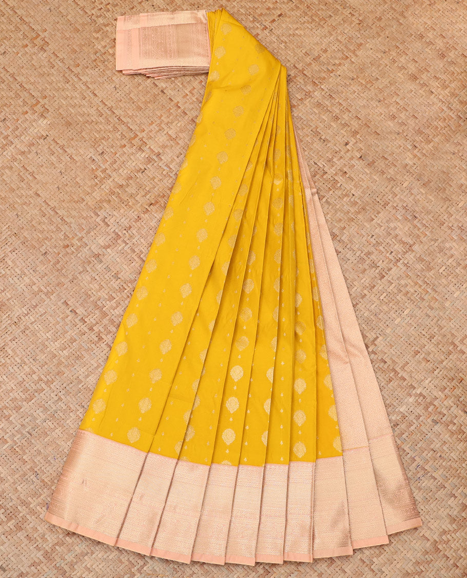Yellow Budget Silk Saree, Subtly Sparkled with Zari Buttas, a Contrast Traditional Zari Border, Sparsely  Woven Pallu, and a Contrast Blouse