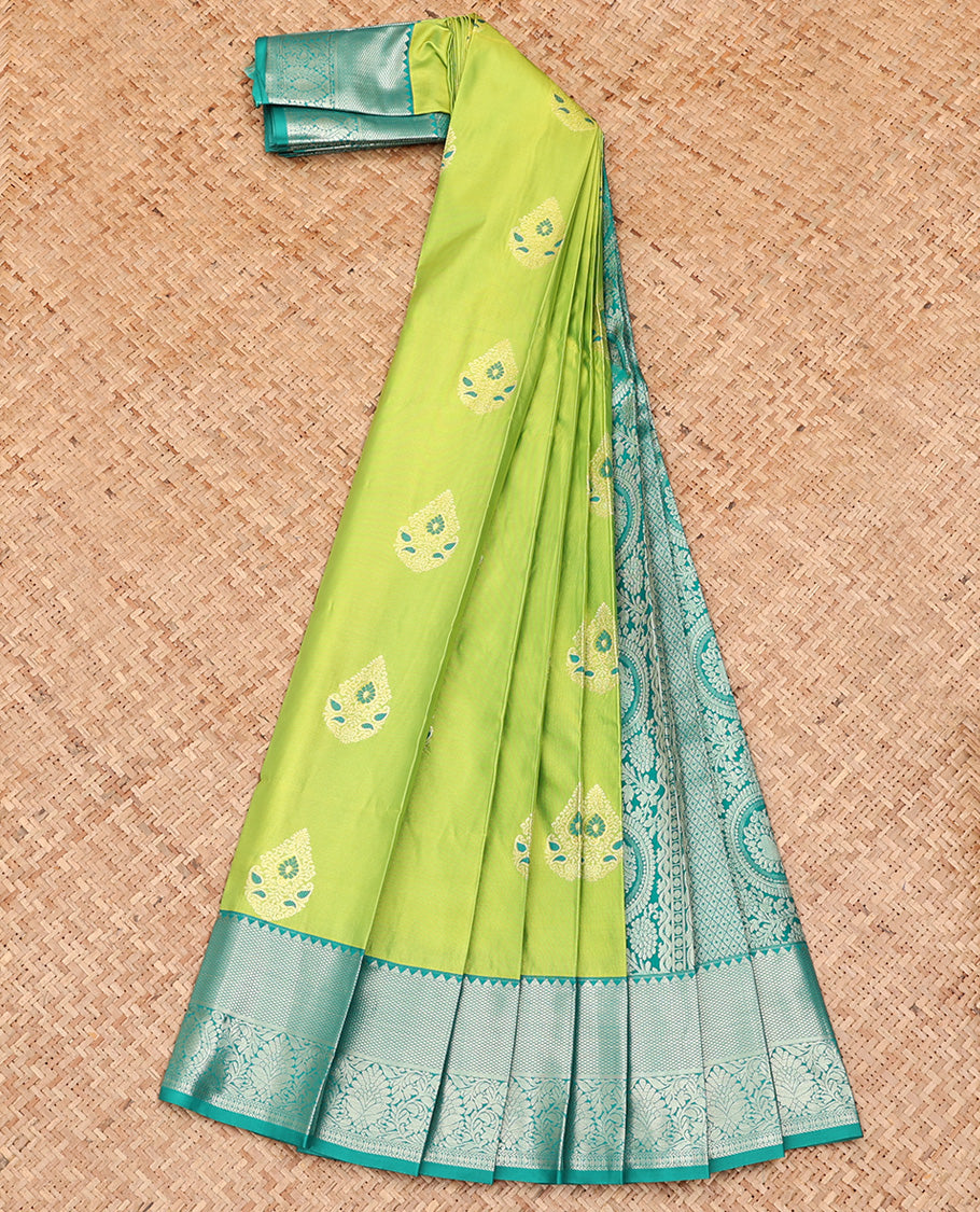 Green Budget Silk Saree, Opulently Embellished with Zari Meena Buttas All Over Its Body, Complemented by Contrast Traditional Zari Designs Woven Border, Intricately Designed Pallu and Paired with a Contrast Blouse