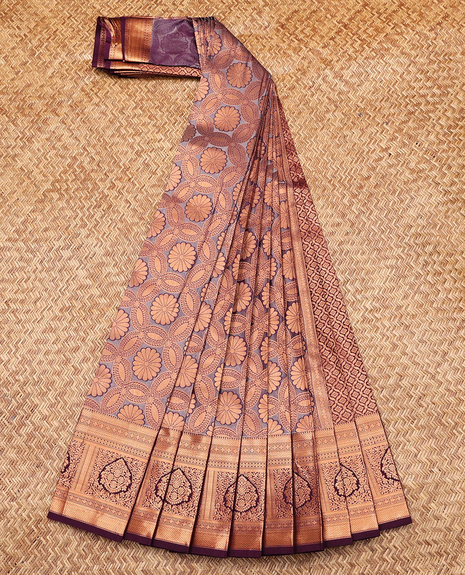 Grey Budget Silk Saree, Gleamed Up with Jacquard Design, Contrast Traditional Zari Border, Jaal Pallu, and a Contrast Blouse
