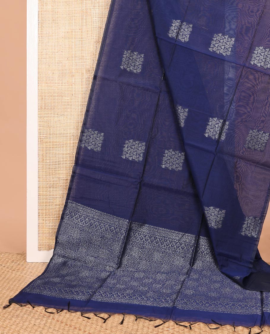 Borderless navy blue geometric buttas woven semi-silk cotton saree, intricate pallu