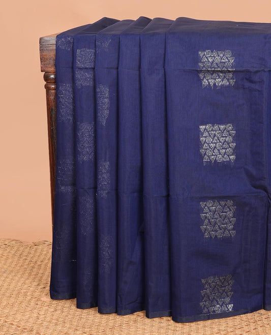 Borderless navy blue geometric buttas woven semi-silk cotton saree, intricate pallu
