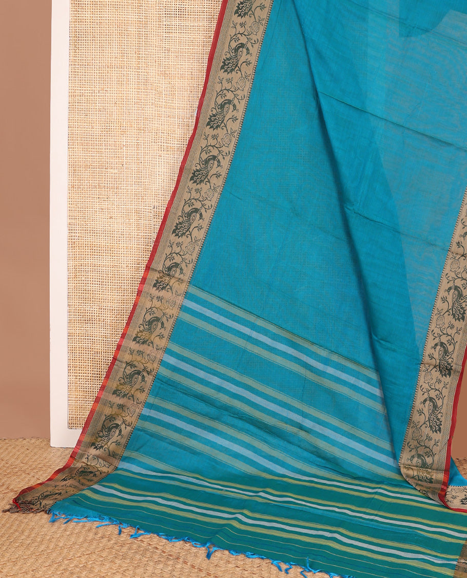 Blue plain Narayanapet cotton saree, contrast temple border of peacock motifs, and striped pallu