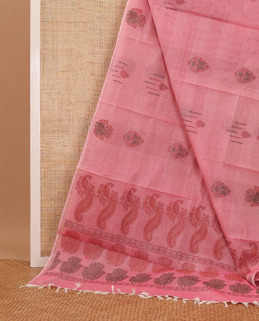 Borderless candy pink unique motifs woven Coimbatore cotton saree, peacock motifs pallu