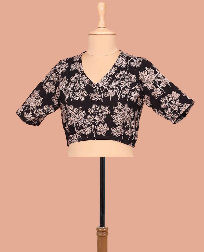 Maroon Cotton Readymade Blouse Ornamented with All-Over Chakram and Paisley Motif Print, Featuring a Front Round Neck, Back Round Neck, and Elbow Sleeves