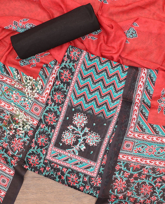 Black cotton chudidhar material set, floral printed & neck work top, plain bottom & intricately printed dupatta
