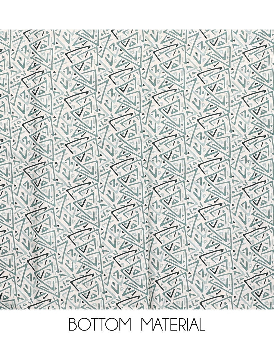 White and green material chudidar set, floral printed with button work top, printed bottom, and sequins striped dupatta