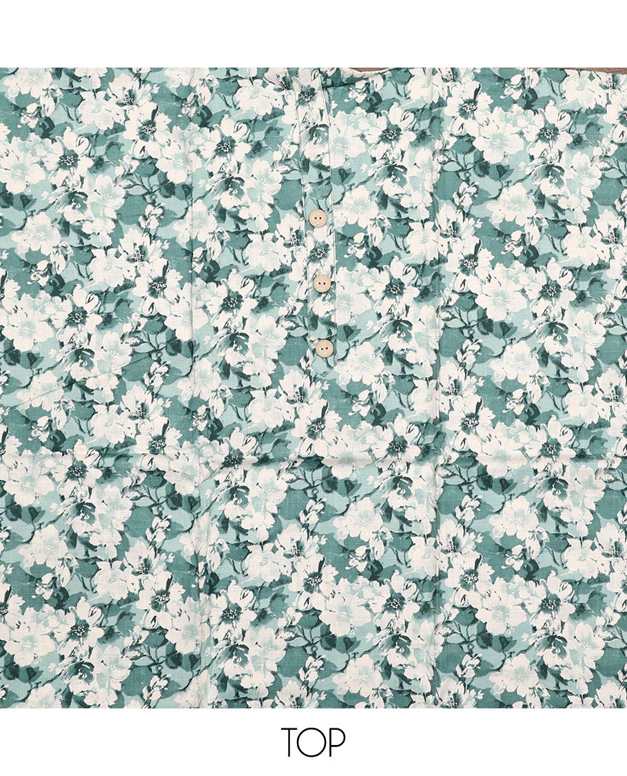 White and green material chudidar set, floral printed with button work top, printed bottom, and sequins striped dupatta