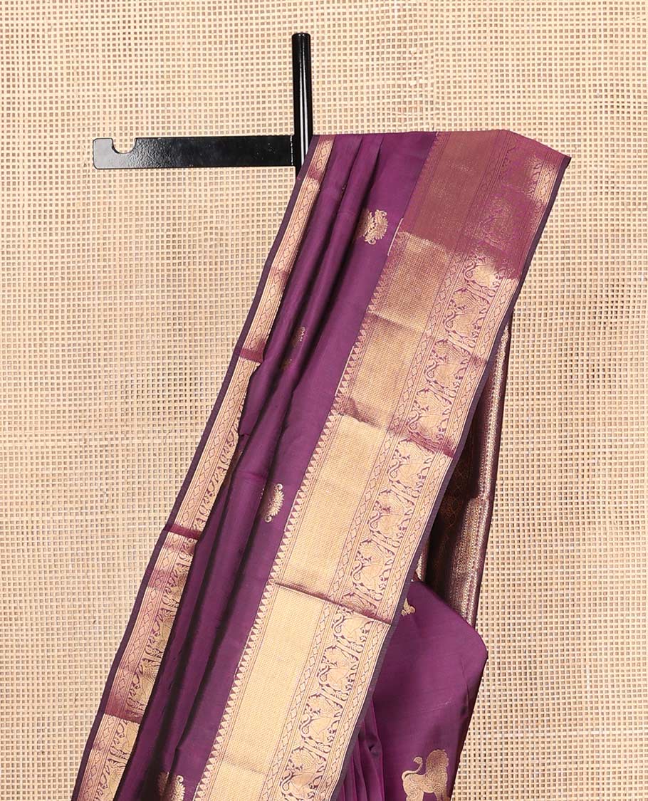 Purple manga & singam buttas Vasundhara silk mix saree, zari border of thilakam mokku,muthu,kuyil kann,diamond & singam designs & geometric patterned pallu