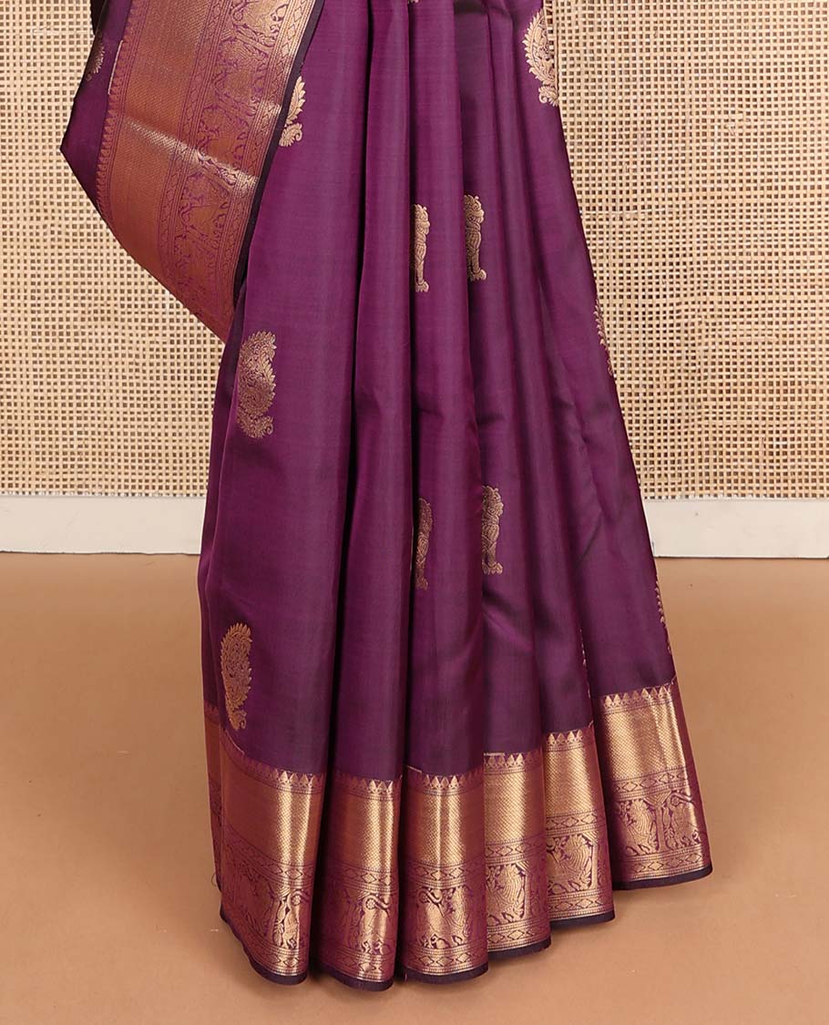 Purple manga & singam buttas Vasundhara silk mix saree, zari border of thilakam mokku,muthu,kuyil kann,diamond & singam designs & geometric patterned pallu