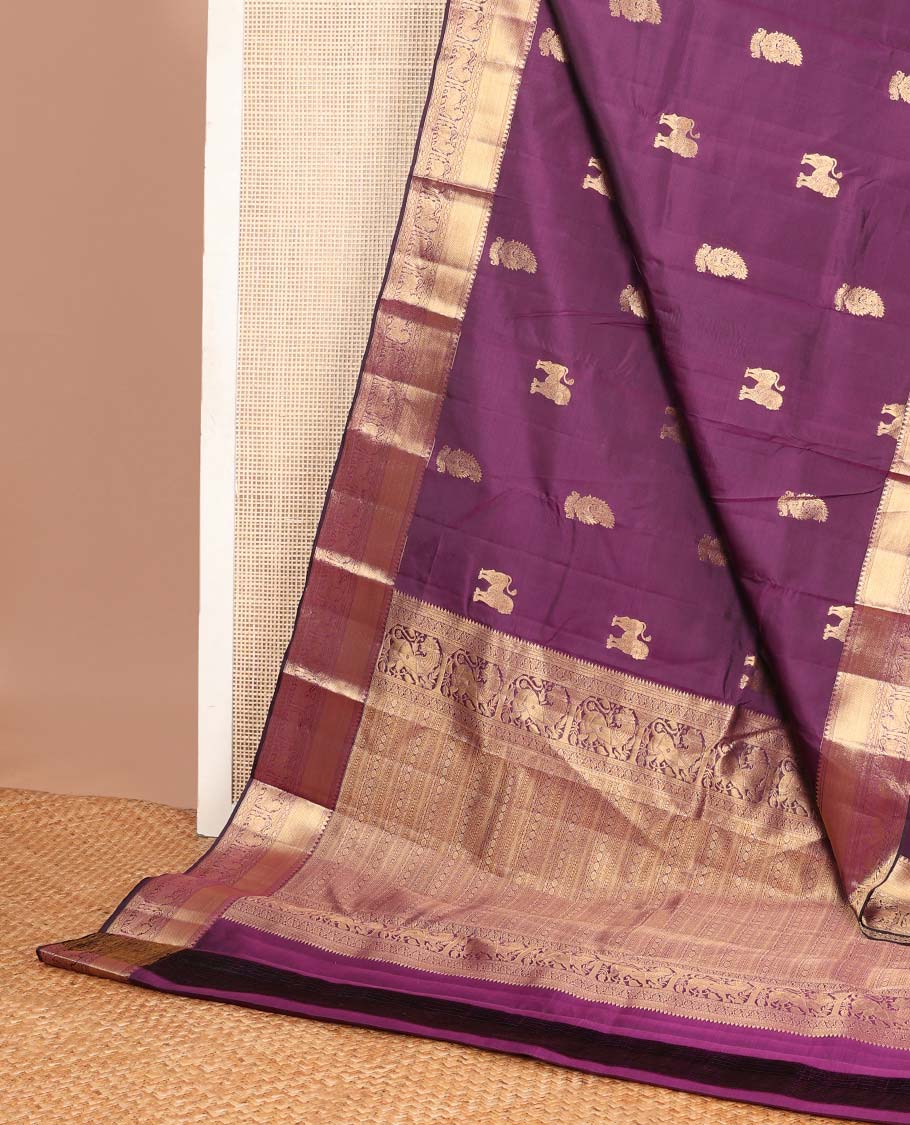 Purple manga & singam buttas Vasundhara silk mix saree, zari border of thilakam mokku,muthu,kuyil kann,diamond & singam designs & geometric patterned pallu