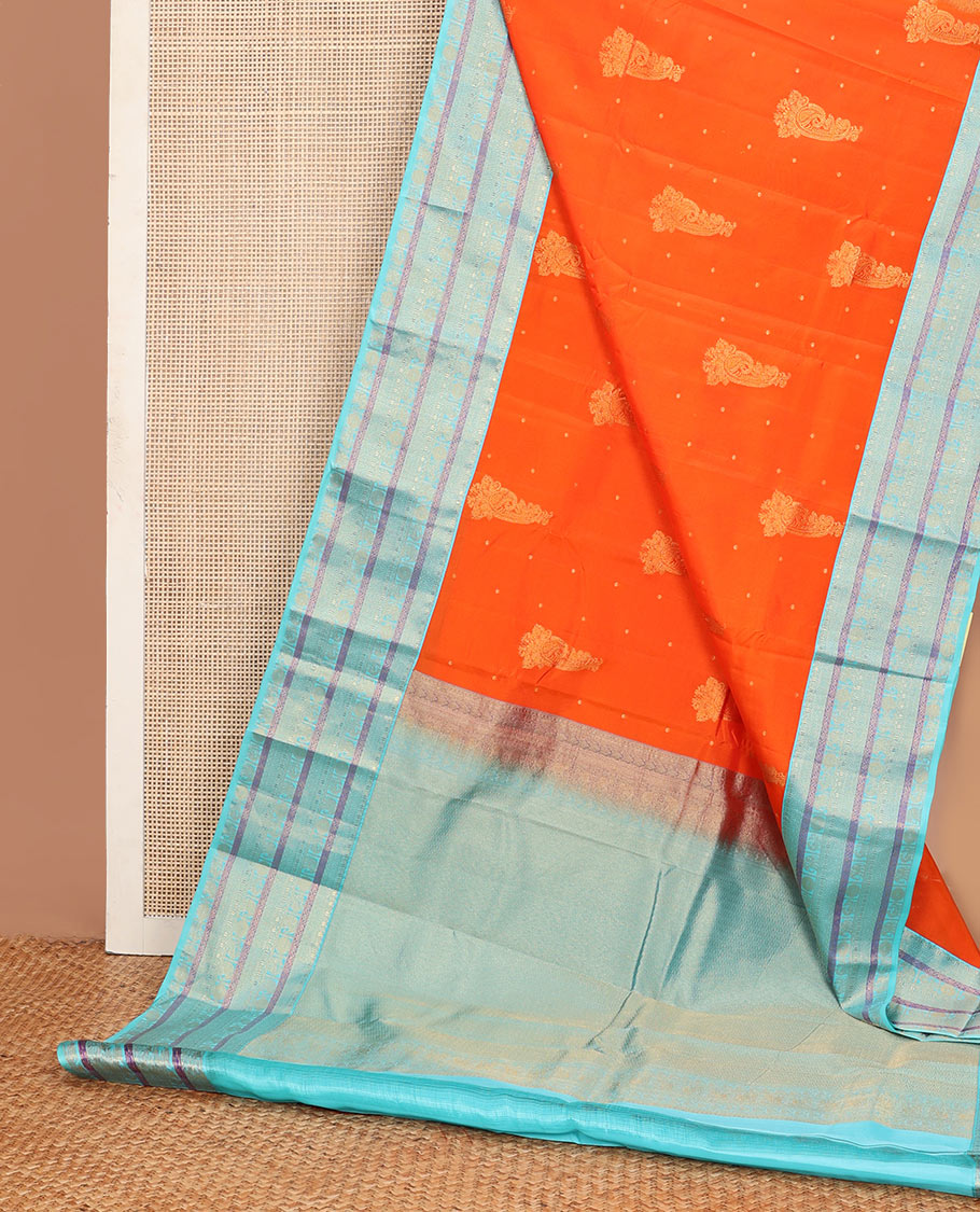 Orange zari buttas Vasundhara silk mix saree, contrast traditional zari border & vanki pallu