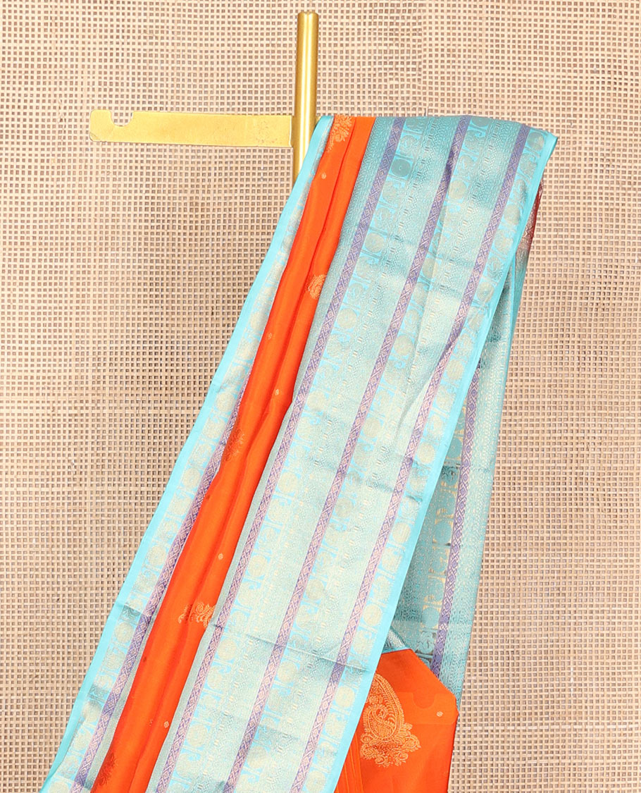 Orange zari buttas Vasundhara silk mix saree, contrast traditional zari border & vanki pallu