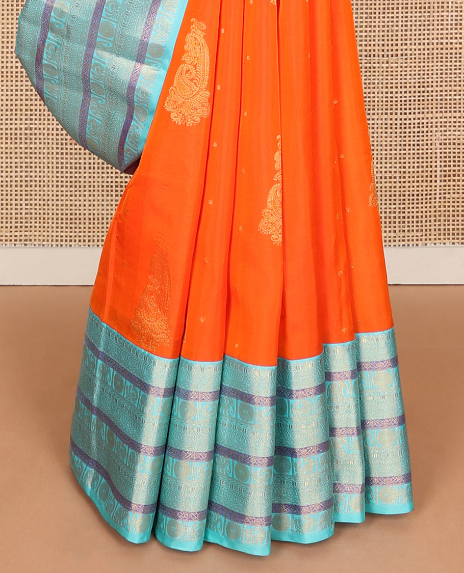 Orange zari buttas Vasundhara silk mix saree, contrast traditional zari border & vanki pallu