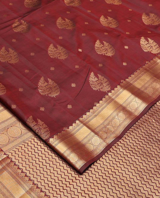 Maroon zari buttas Vasundhara silk mix saree, traditional zari design border, and vanki design pallu