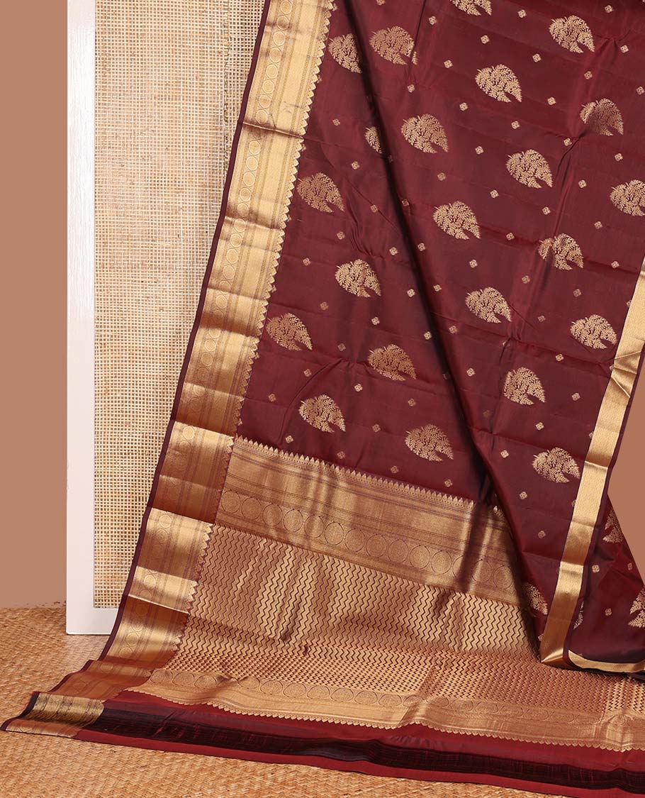 Maroon zari buttas Vasundhara silk mix saree, traditional zari design border, and vanki design pallu