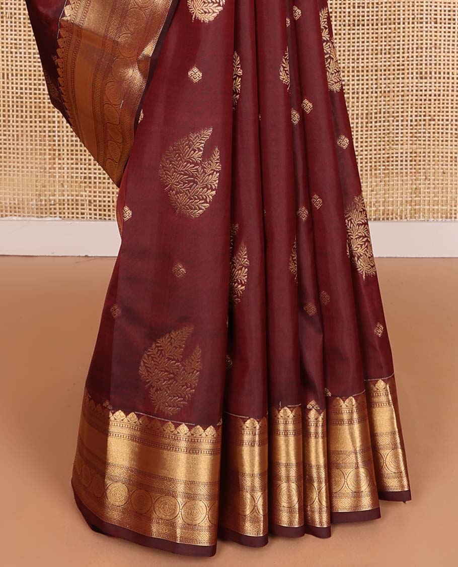 Maroon zari buttas Vasundhara silk mix saree, traditional zari design border, and vanki design pallu
