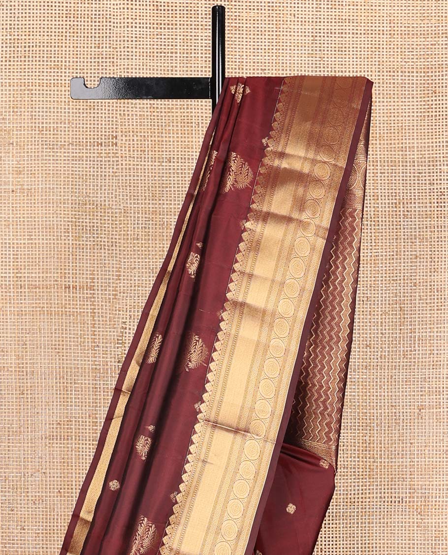 Maroon zari buttas Vasundhara silk mix saree, traditional zari design border, and vanki design pallu