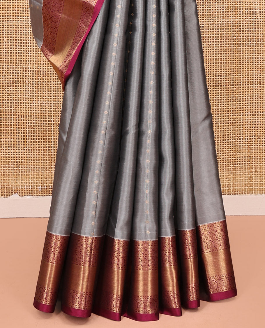 Grey Vasundhara Lite Silk Mix Saree, Subtly Sparkled With Zari Buttas All Over Its Body, Complemented by Contrast Border of Chakram and Manga Designs, Intricately Designed Pallu and Paired with a Contrast Blouse