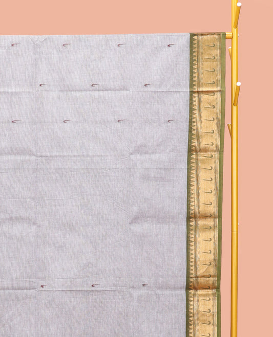 Grey Chettinad Cotton Saree, Steeped with Muniya Buttas On Its Body, Complemented by a Contrast Traditional Muniya Border, Pallu of Stripes, and Paired with a Matching Blouse