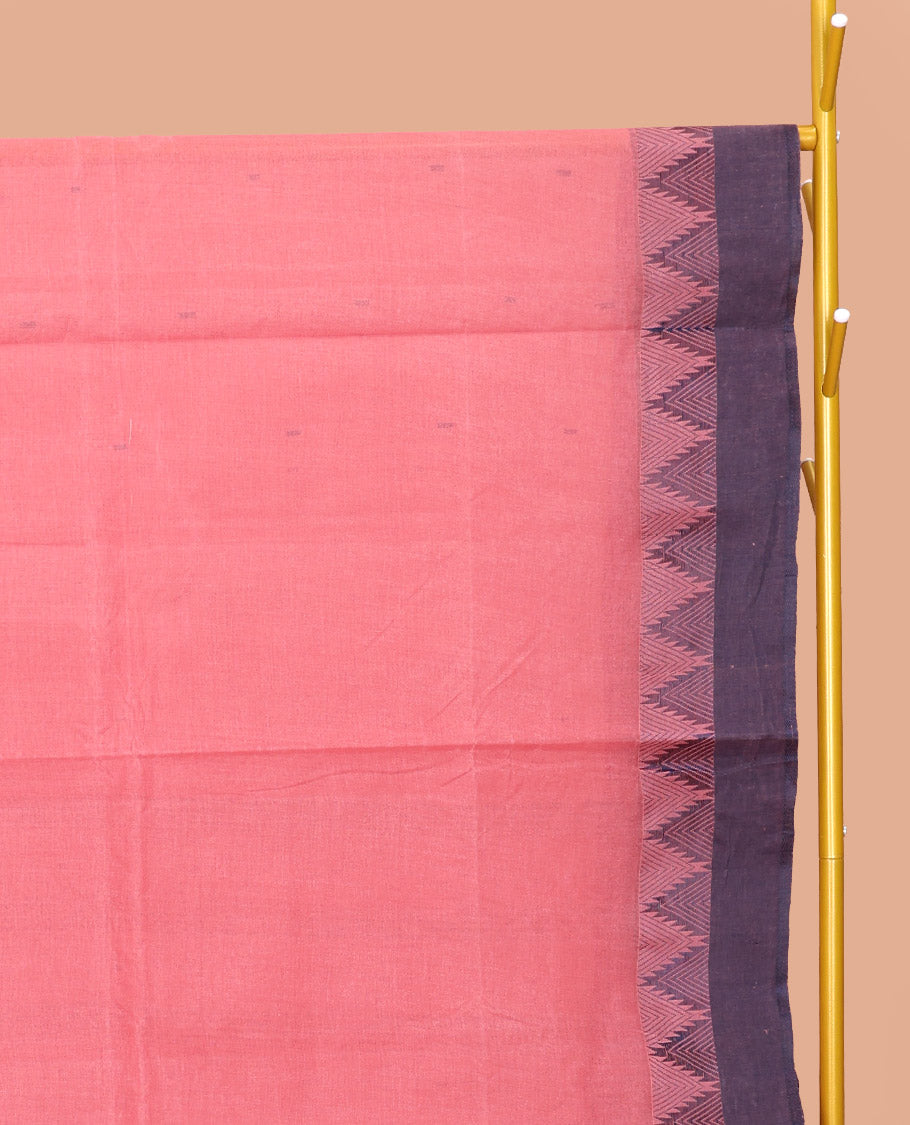 Pink Bengal Cotton Saree, Subtly Woven with Buttas, Contrast Temple Border, Pallu of Stripes, and Matching Blouse