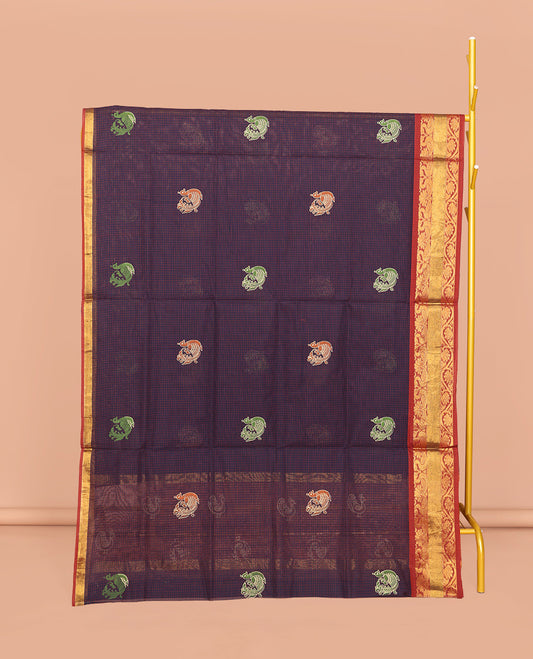 Blue Venkatagiri Cotton Saree, Styled with Peacock Buttas and Checks, a Contrast Traditional Zari Border, Pallu of Peacock Buttas and Stripes, and No Blouse