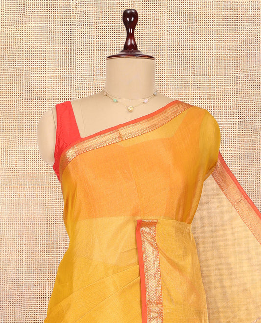 Gold Plain Maheshwari Cotton Saree, a Contrast Traditional Zari Border, Pallu of Zari Stripes, and a Matching Blouse