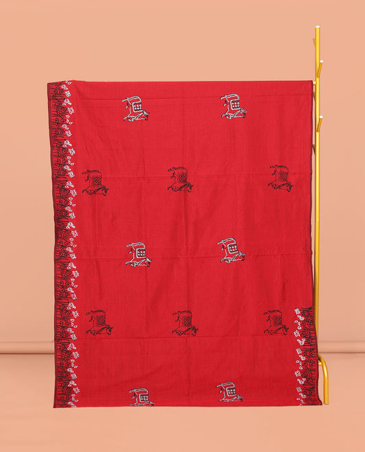 Red Poly Cotton Saree, Ornamented with Pichwai Cow and Floral Print, a Self-Pallu, and a Contrast Warli Print Blouse