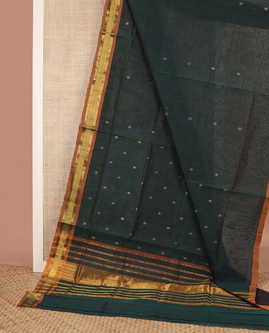 Deep green zari buttas Venkatagiri cotton saree, contrast diamond-patterned border & zari striped pallu