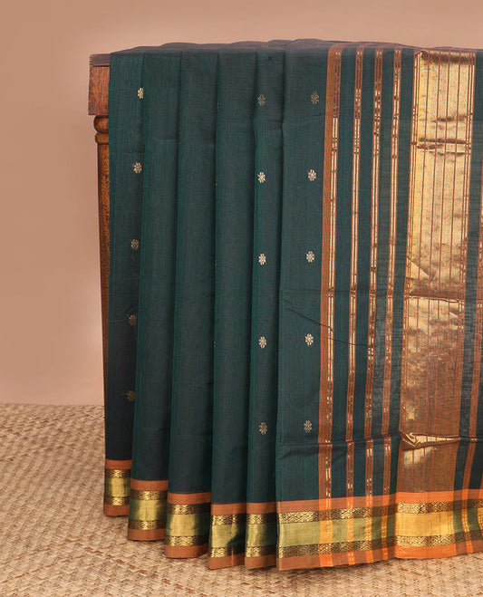 Deep green zari buttas Venkatagiri cotton saree, contrast diamond-patterned border & zari striped pallu
