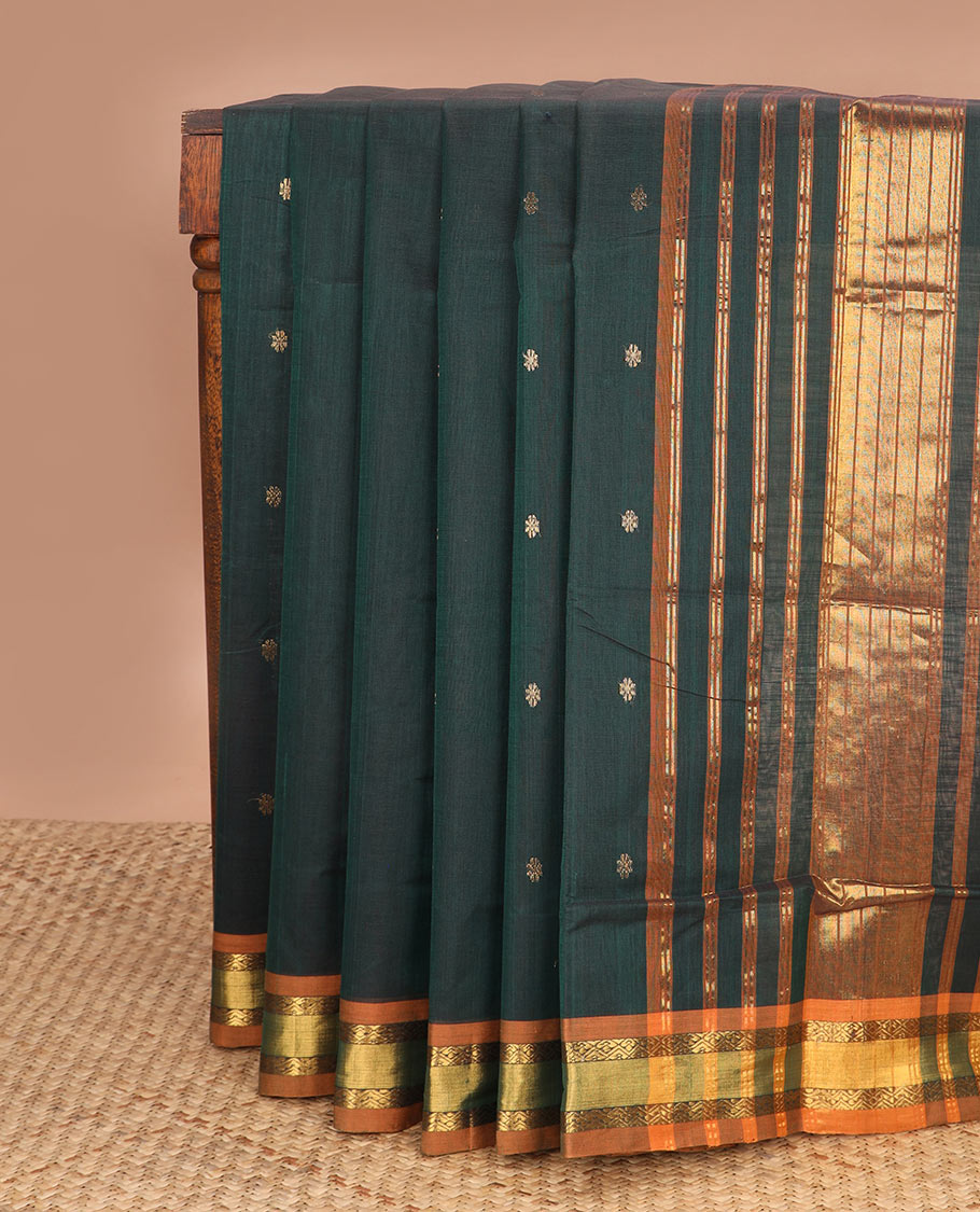 Deep green zari buttas Venkatagiri cotton saree, contrast diamond-patterned border & zari striped pallu