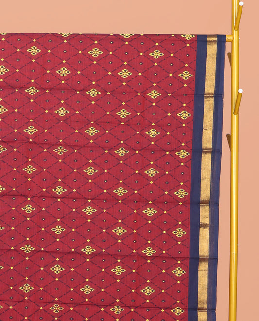 Red Chirala Cotton Saree, Accentuated with an Argyle Design, a Contrast Zari Border, Contrast Peacock Pallu, and a Contrast Blouse