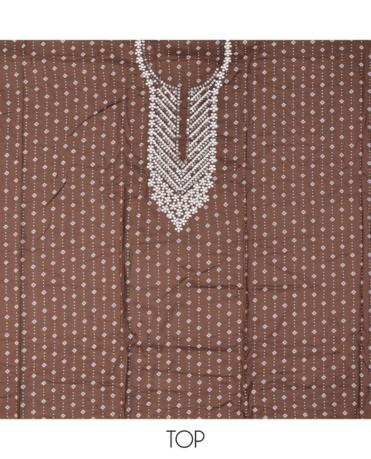 Brown Material Chudidar Set, Adorned with Geometric Print and Neck Embroidery on Rayon Top, a Contrast Polka Dot Printed Bottom, and Paired with Embroidered Chiffon Dupatta