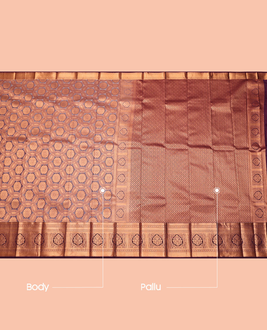 Grey Budget Silk Saree, Gleamed Up with Jacquard Design, Contrast Traditional Zari Border, Jaal Pallu, and a Contrast Blouse