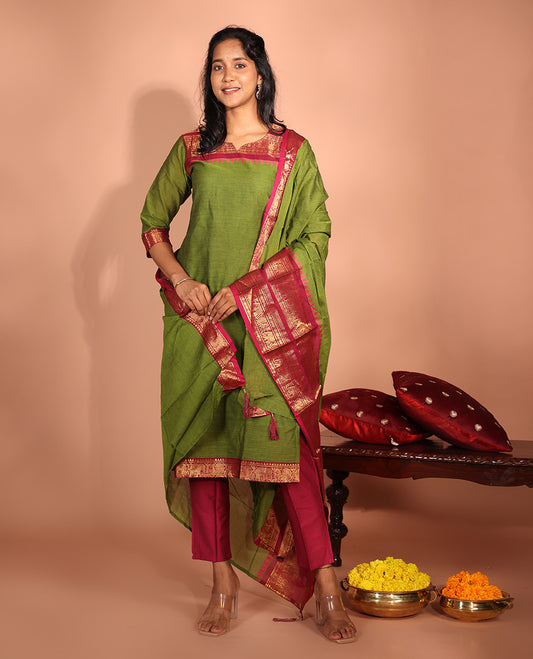 Green Cotton Readymade Suit