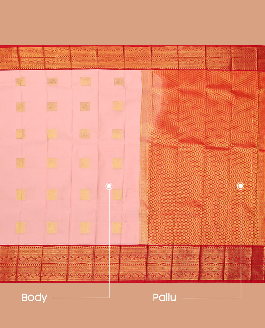 Pink Budget Silk Saree, Sparsely Sparkled with Zari Buttas, Complemented by a Contrast Traditional Zari Border, Grand Jaal Pallu, and Contrast Blouse
