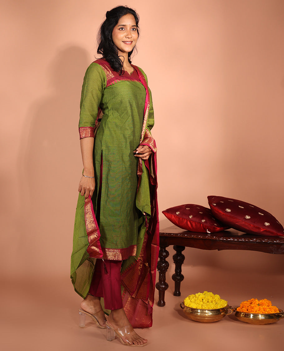 Green Cotton Readymade Suit