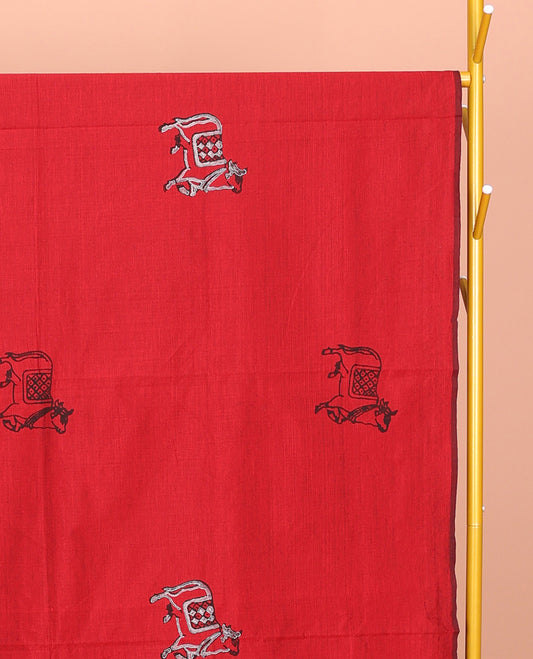 Red Poly Cotton Saree, Ornamented with Pichwai Cow and Floral Print, a Self-Pallu, and a Contrast Warli Print Blouse