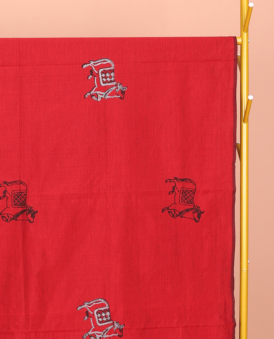 Red Poly Cotton Saree, Ornamented with Pichwai Cow and Floral Print, a Self-Pallu, and a Contrast Warli Print Blouse