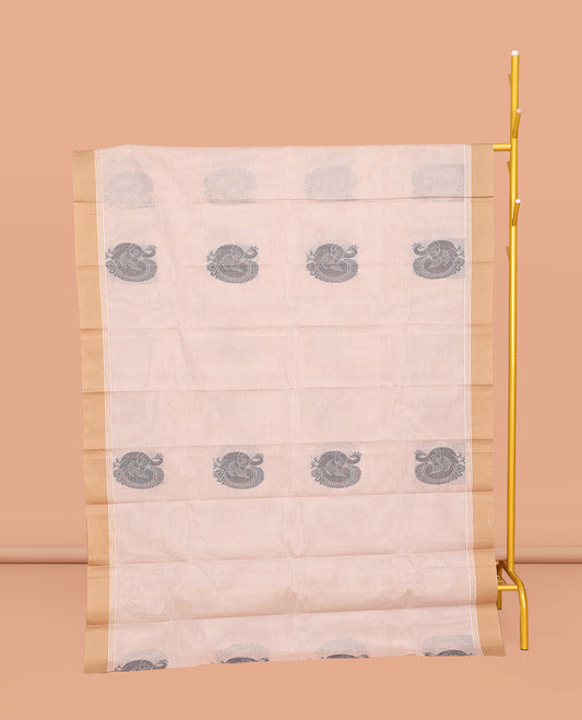 White Kanchi Cotton Saree, Prettified with Peacock Buttas All Over Its Body, Complemented by a Contrast Border, Pallu of Stripes and Buttas, and Paired with a Matching Blouse