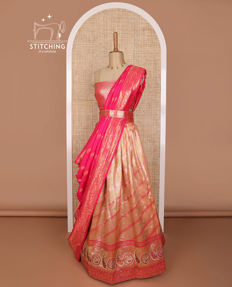 Light yellow striped tissue half saree with contrast paisley design border, zari design blouse & floral design dhavani