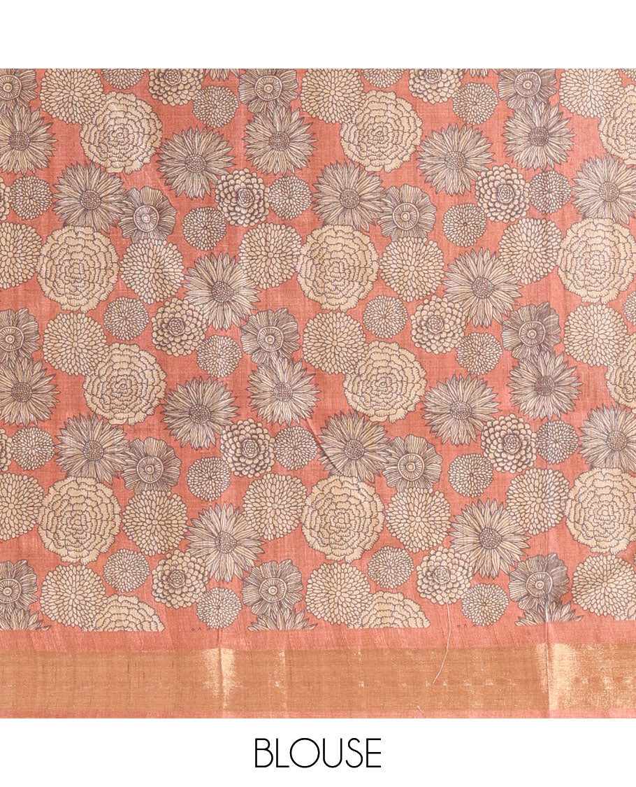 Dark Grey Striped Art Tussar Saree, a Contrast Zari Border, Floral Printed Pallu, and a Contrast Blouse