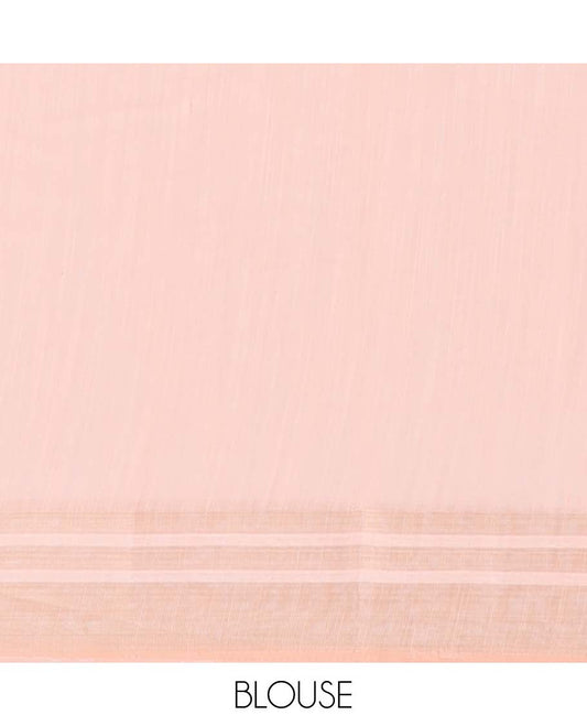 Peach intricately printed budget cotton saree, plain border & intricately printed pallu