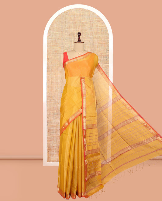 Gold Plain Maheshwari Cotton Saree, a Contrast Traditional Zari Border, Pallu of Zari Stripes, and a Matching Blouse