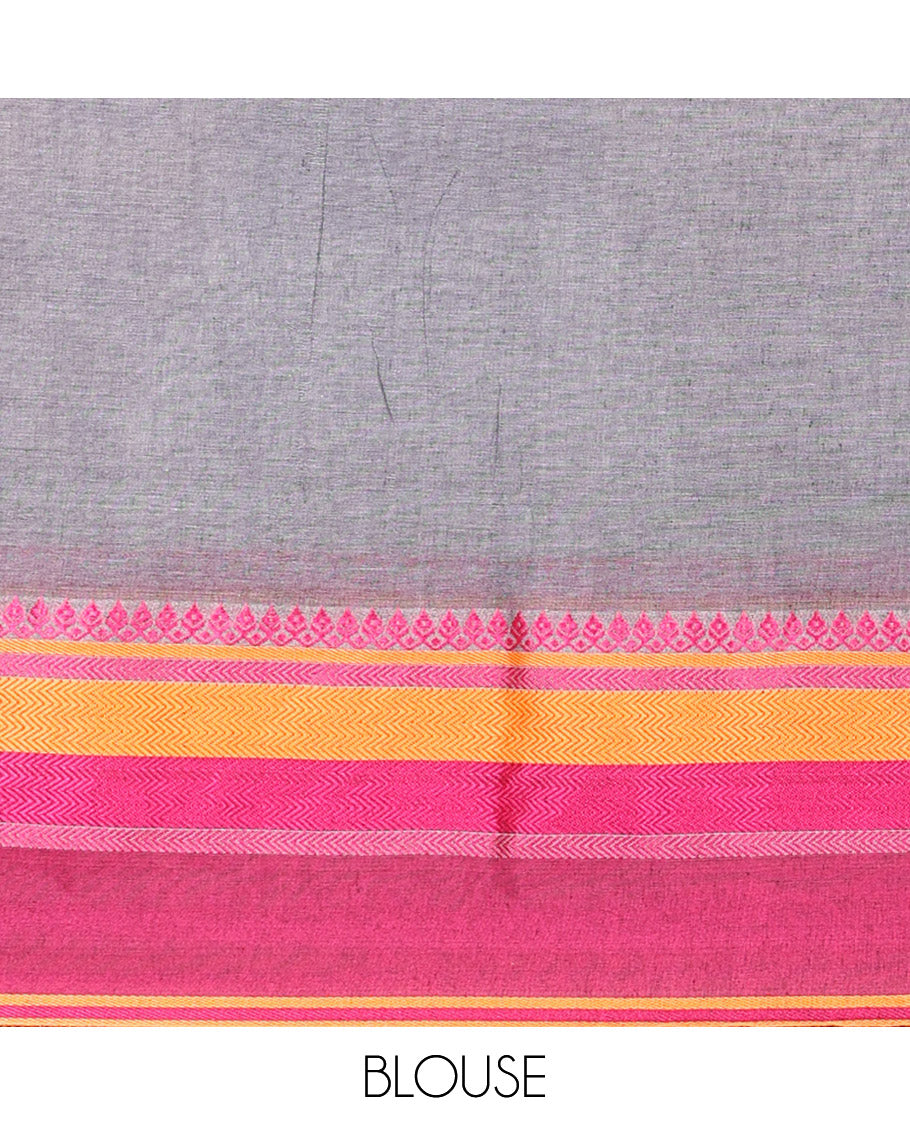 Grey-Pink Plain Khadi Mul Cotton Saree, Complemented by a Contrast Thread-Woven Border of Geometric Patterns, Contrast Plain Pallu, and Paired with a Matching Blouse