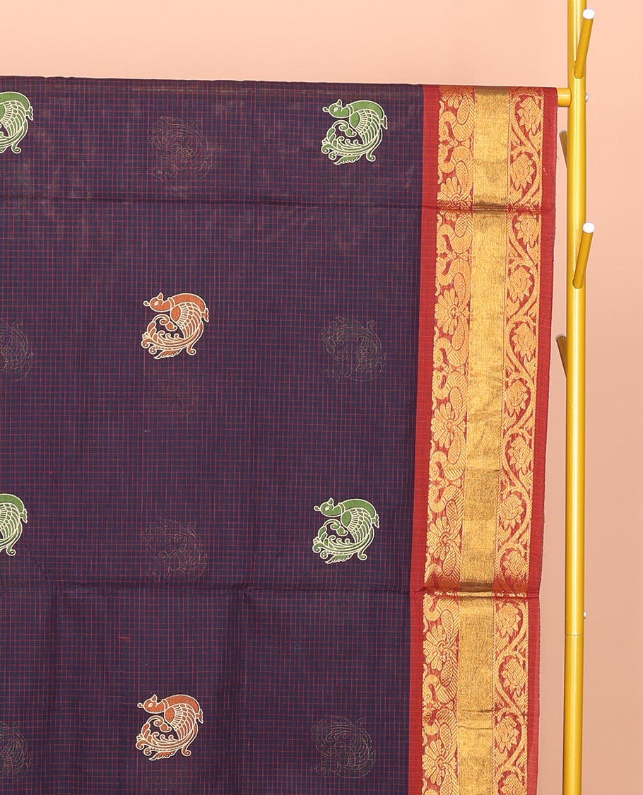 Blue Venkatagiri Cotton Saree, Styled with Peacock Buttas and Checks, a Contrast Traditional Zari Border, Pallu of Peacock Buttas and Stripes, and No Blouse