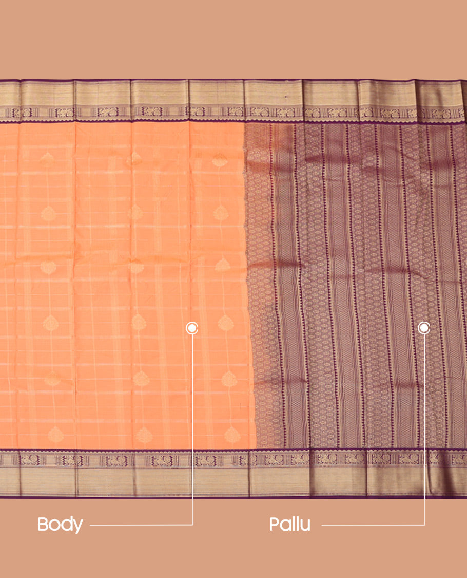Orange Budget Silk Saree, Adorned with Zari Buttas and Checks, Complemented by Contrast Traditional  Zari Border, a Grand Pallu and a Contrast Blouse