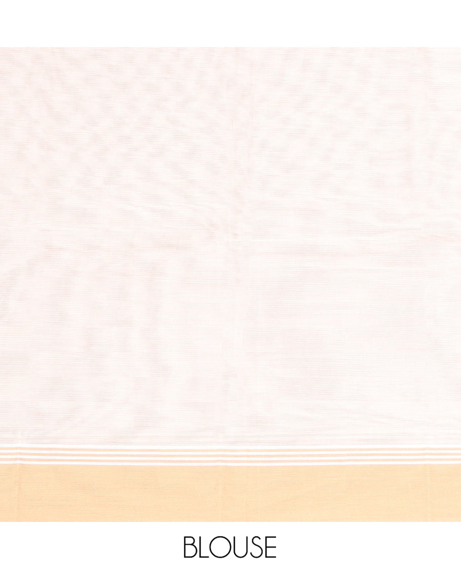 White Kanchi Cotton Saree, Prettified with Peacock Buttas All Over Its Body, Complemented by a Contrast Border, Pallu of Stripes and Buttas, and Paired with a Matching Blouse