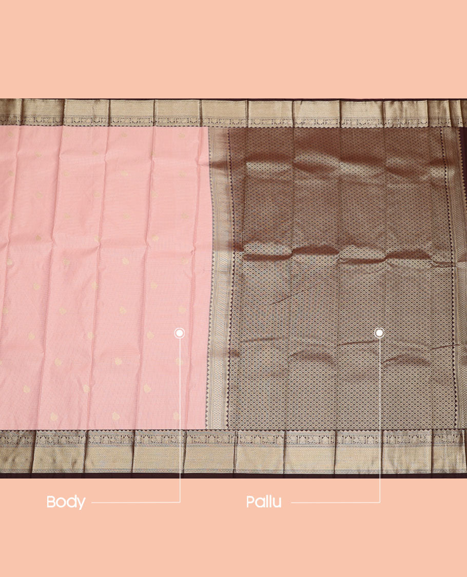 Pink Budget Silk Saree, Subtly Sparkled with Zari Buttas and Checks, Contrast Traditional Zari Border, Grand Jaal Pallu, and a Contrast Blouse