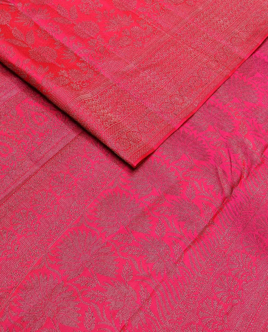 Pink floral jaal jacquard silk saree, self-border & pallu of sparsely zari-woven floral designs