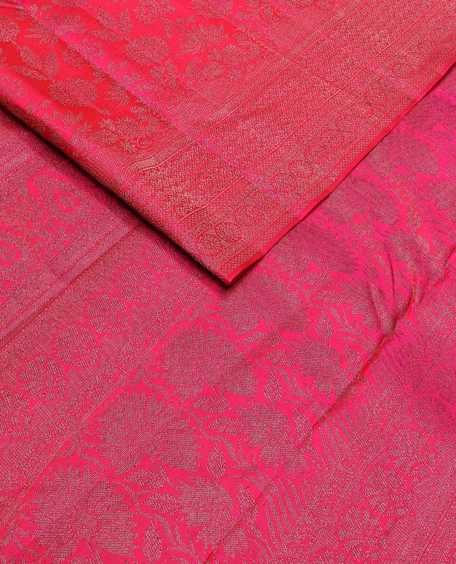 Pink floral jaal jacquard silk saree, self-border & pallu of sparsely zari-woven floral designs